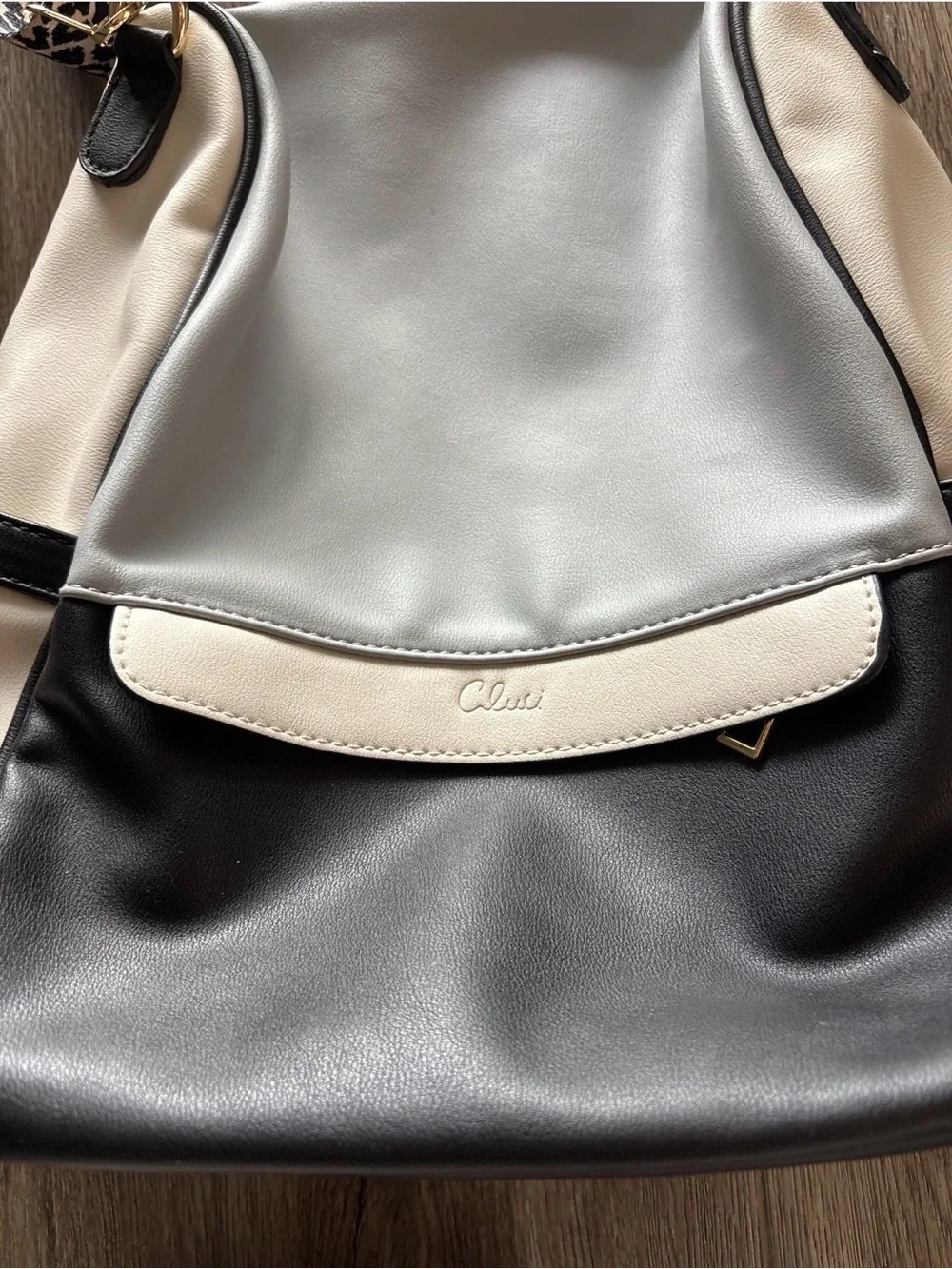 Tri-Tone Navy, White & Gray Leather Backpack with Leopard Strap